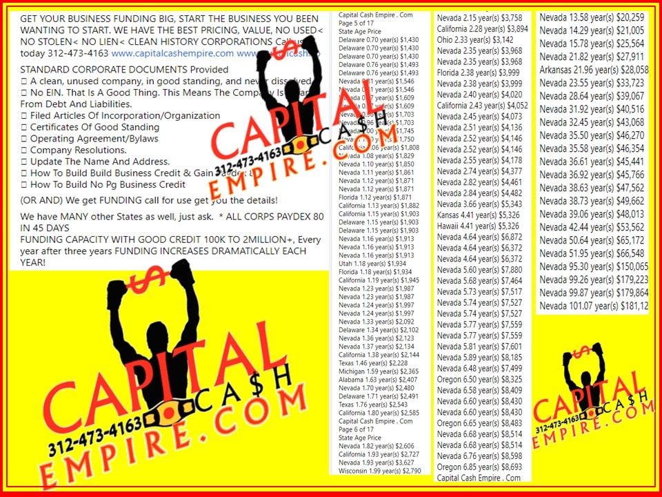 Business funding advertisement — Capital Cash Empire pricing and corporate documents